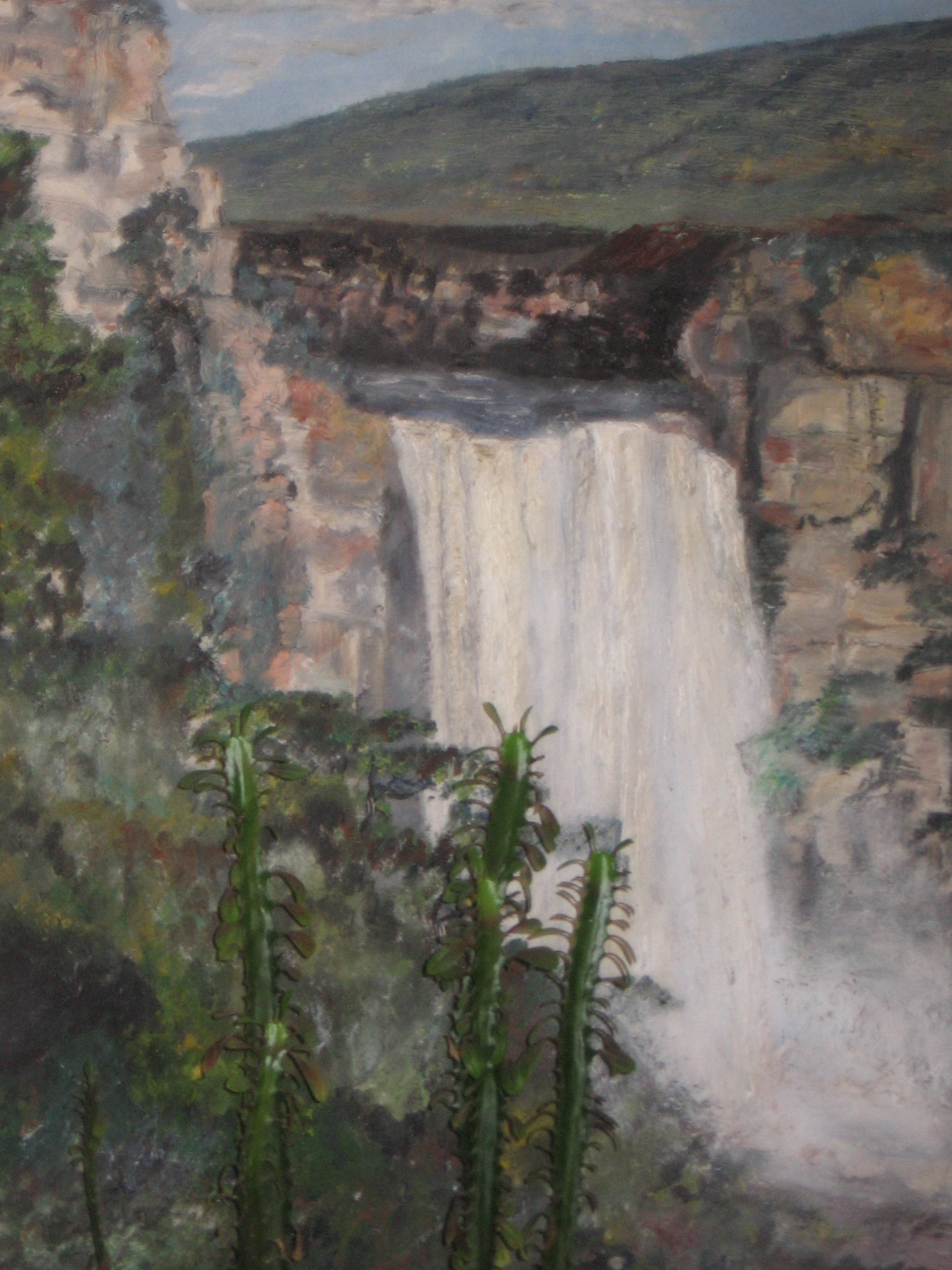 a painting of a waterfall in a forest